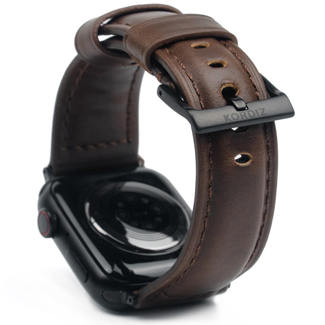 KORDIZ Traditional Leather Band for Apple Watch Series 11, 10, 9, 8, 7, 6 & SE3, SE2, SE [46mm/45mm/44mm] – Full-Grain Genuine Leather Replacement Strap for Men & Women – Classic Wristband Compatible with iWatch (Dark Brown)