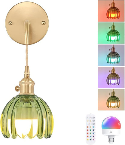 Battery Operated Wall Sconce with Green Tulip Shade Pattern Glass Adjustable Chain Retro Gold Wall Mounted Light, Modern Wall Lamp Fixtures Decor for Bedside Bedroom Indoor Doorway