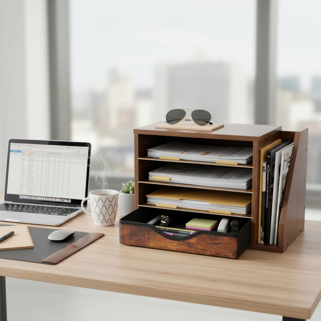 Gphudpzdl Wooden Desk Organizer with Drawers, Wood Desk Organizers and Accessories, 4 Tier Desk Organizer with Adjustable Shelves, Paper File Mail Organizer for Home Office, Brown