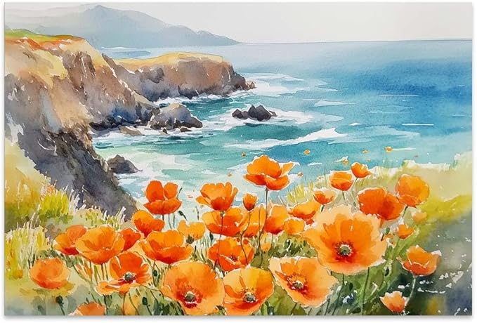 Yesad Poppies Wall Art, California Landscape Canvas Wall Art Poppy Poster Coastal Wall Art Flower Pictures Farmhouse Wall Décor for Living Room Bedroom (Unframed,30”x20”, Poppy2)
