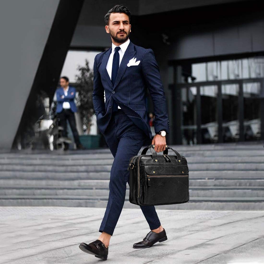 Bosidu Leather Briefcases for Men 15.6 Inch Laptop Messenger Bag with Triple Compartments Water-Resistant Computer Shoulder Bag for Business, Travel, Work, Office, Black