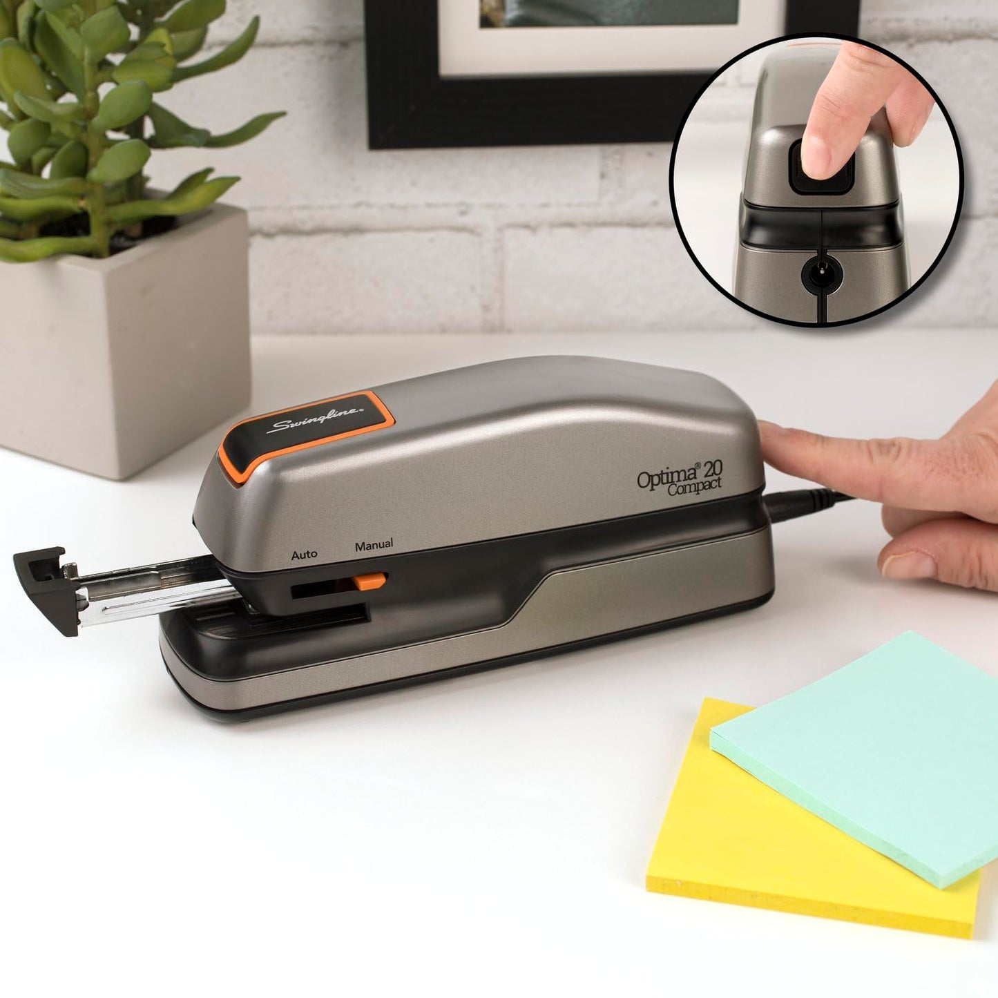 Swingline Electric Stapler, 20 Sheet Capacity, Optima 20, Jam Free, Compact, Automatic or Manual, Plug In or Battery, Orange and Gray (48207)