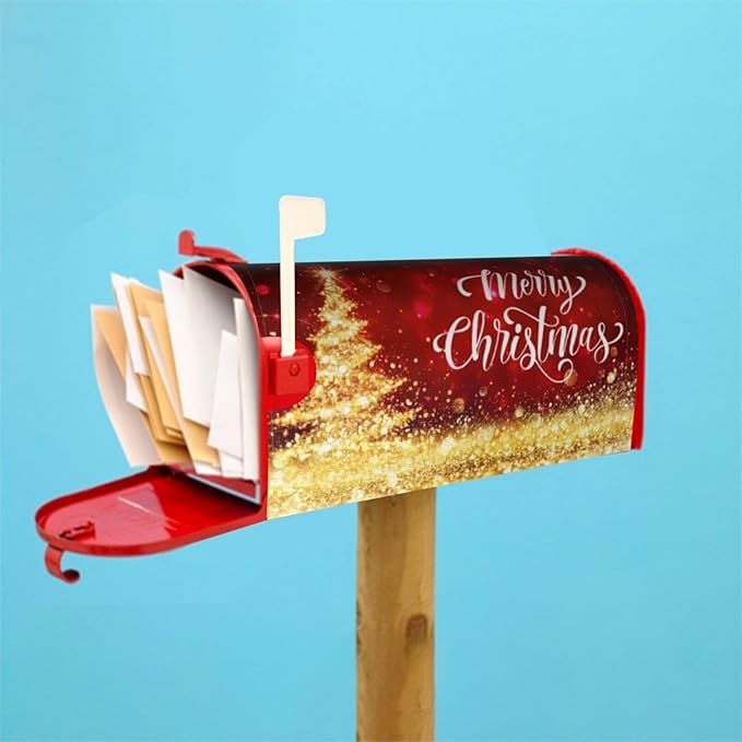Mailbox Covers Merry Christmas Red Gold Magnetic Letter Post Box Cover Standard Size 21 x 18 Inch Garden Yard Home Decorative