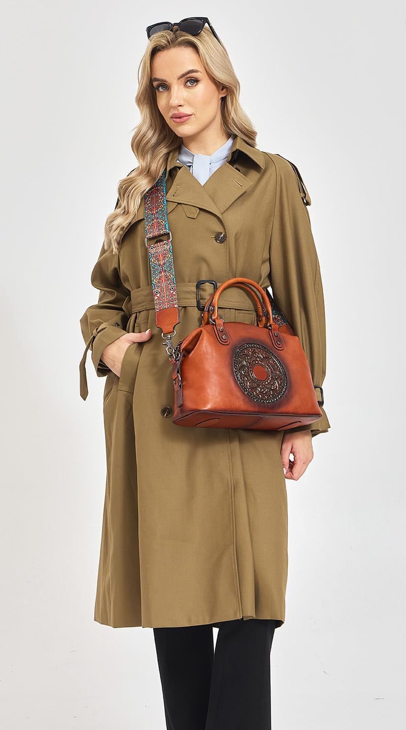 Genuine Leather Women's Handbags Travel Small Purses Top Handle Barrel Satchel Shoulder Hand Bags leather crossbody bags for Women Retro Totem Tote Bag Brown