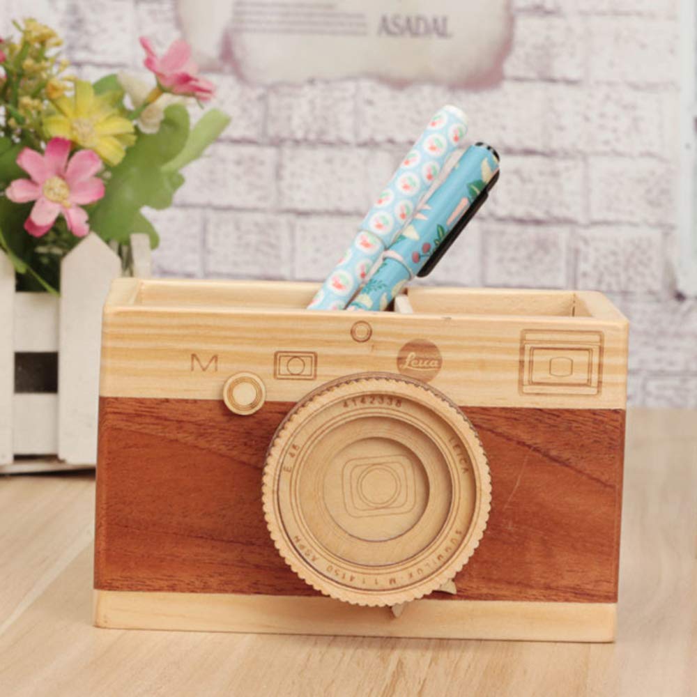 Leadigol Camera Wooden Pencil Holder,Desktop Pencil Holder Gift Makeup Organizer Double-layer Crafts Creative Camera Multi Purpose Use Desk Accessories