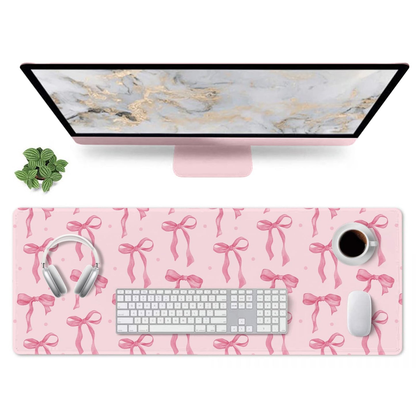 Pink Mouse Pad, Large Pink Desk Mat Bows Computer Mat, Gaming Keyboard and Mouse Pad Non-Slip Rubber Base, Stitched Edge, Cute Girly Office Supplies Desk Accessories Decor for Women 31.5 x 11.8in