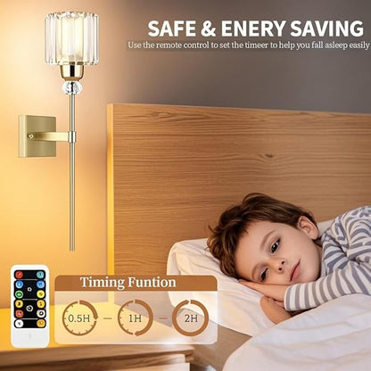 Modern Gold Wall Sconces Lighting Battery Operated Set of 2,No Wiring Rechargeable Wall Lights Fixture with Wireless Remote,Clear Glass Long Wall Lamp for Bedroom Bathroom Living Room Vanity Light