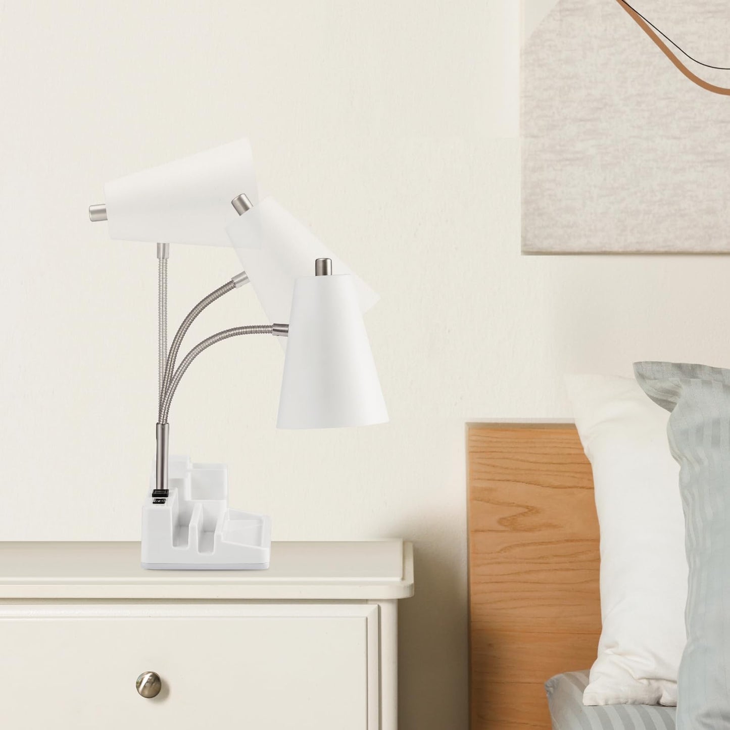 lianheng Desk Lamp Cute for Small Space, Lamp Desk with USB Port and Outlet, Desk Lamps for Home Office with Pen Holder, Study lamp for College Dorm Room, Flexible Arm, White