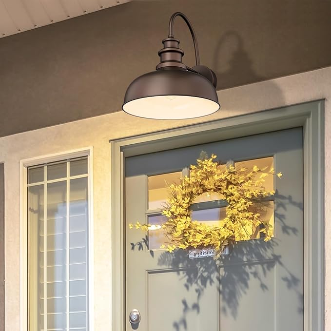 Bestshared 14 Inch Dome Gooseneck Barn Light,Farmhouse Wall Sconce, Outdoor Wall Mount Light, Exterior Lighting Fixture, Porch Lantern for Entryway, Garage,Patio (ORB+White, 14” Dome-1Pack)