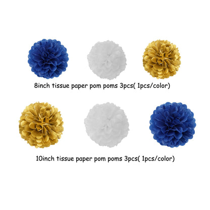 Navy-Blue White-Gold Party-Decorations Graduation Banner - 8pcs Kits Class of 2026 Cap Garland Streamers, Paper Tissue Pom Poms Flowers, Congratulations Grad Decor Lasting Surprise