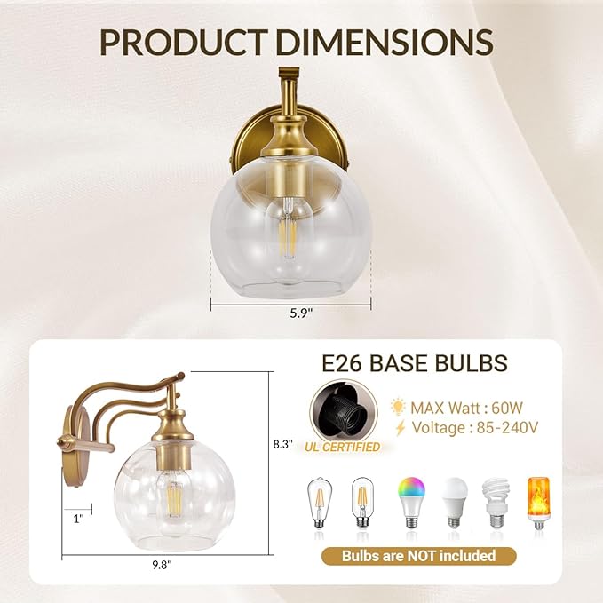 ANDY STAR Brushed Gold Bathroom Light Fixtures, Brass Vanity Lights for Mirror, 1-Light Bathroom Wall Sconces Lighting with Globe Clear Shade Up or Down Wall Mounted for Kitchen, Living Room, Hallway
