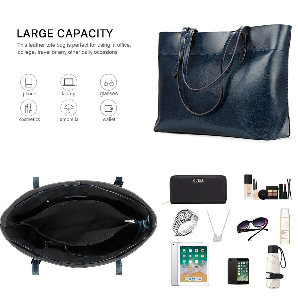 Kattee Vintage Genuine Leather Tote Shoulder Bag for Women Satchel Handbag with Top Handles (Blue)