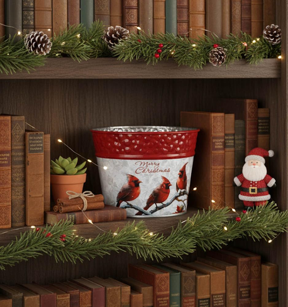 Napco 5 inch Rustic Metal Merry Christmas Cardinals Pot Cover with Indented Red Rim Festive Christmas & Holiday Decor