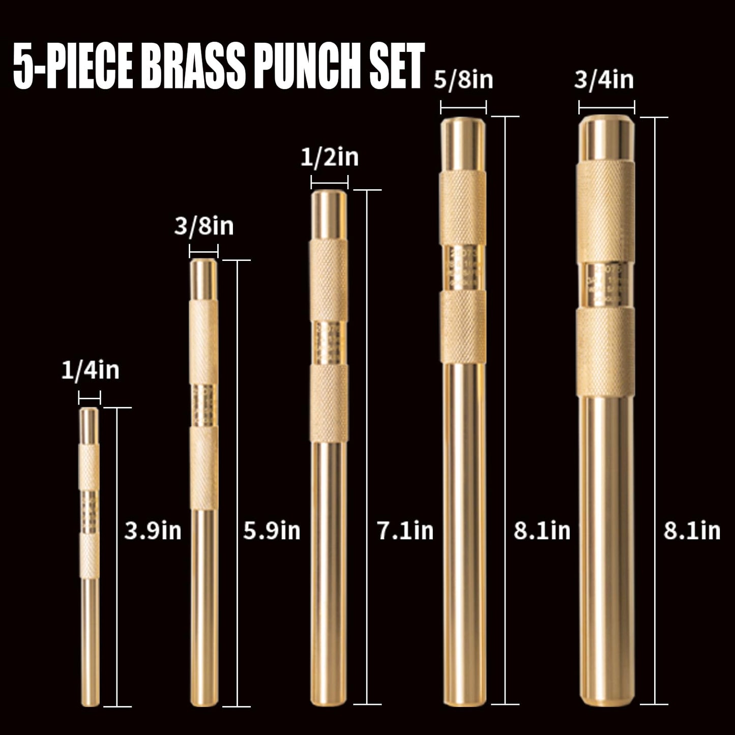 5-Piece Premium Brass Punch Set - Heavy-Duty Non-Marring Repair Tool Kit (1/4", 3/8", 1/2", 5/8", and 3/4") Replacement for 67003-MAI 045256670034 | Automotive, Industrial & DIY Use