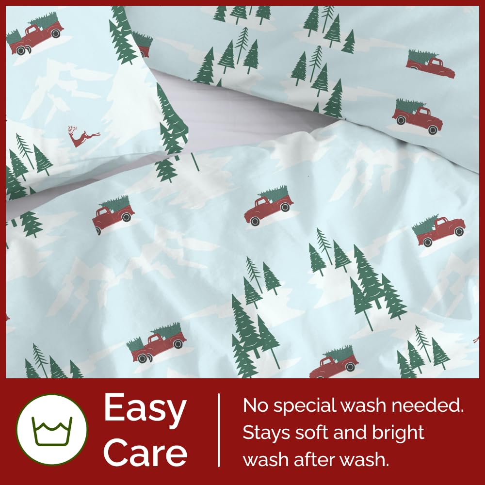 Christmas Duvet Cover Queen Size Set - Extra Soft Queen Duvet Cover with 2 Pillow Shams - Holiday Xmas Bedding w/ Zipper Closures & Ties - Comfy, Cozy Breathable Bed Set - 90 x 90, Christmas Tree Cars