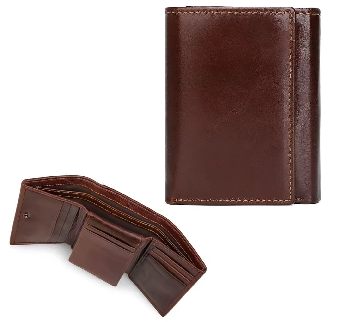 AurexaFashion Genuine Leather Short Trifold Wallet for Men, RFID Blocking, Snap Closure. 11 Card Slots, 2 ID Windows. Mahogany