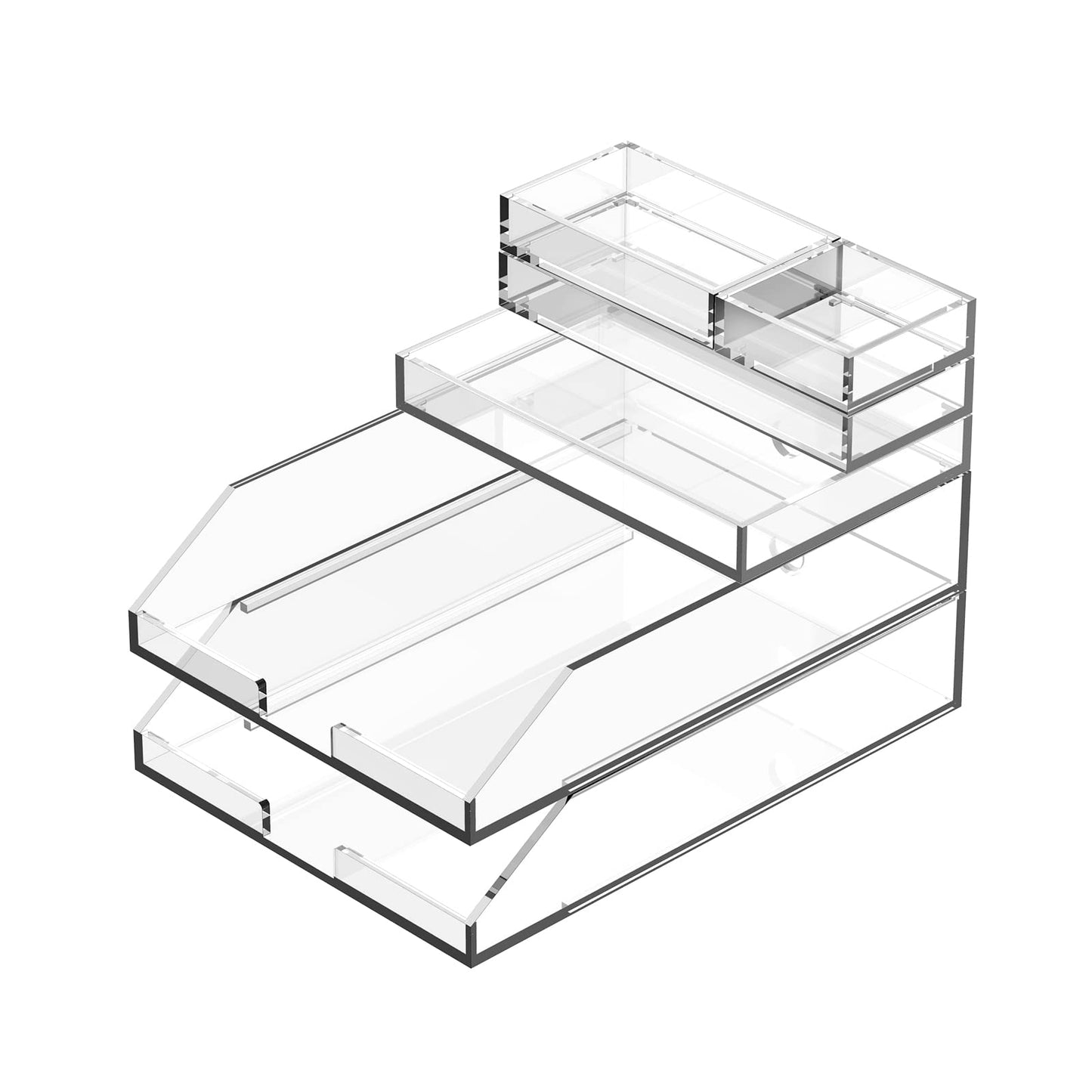 EXPUTRAN Clear Acrylic Desk Organizer for Office or Home Desk Drawer Dividers, Makeup Vanity Storage Bins, Stackable 4-Pack, Acrylic Accessory and Half Accessory Tray/Small Tray