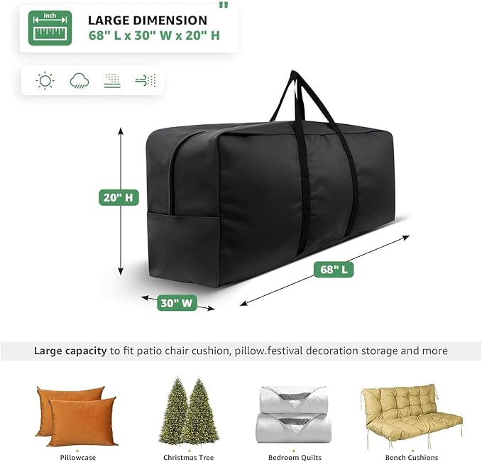 Cushion Storage Bag 420D Waterproof 68" Rectangular Outdoor Patio Cushion Storage Bags — Outdoor Cushion Storage Bag with Zipper and Handles Extra Large Storage Bags 68" L x 29" H x 20" W Black