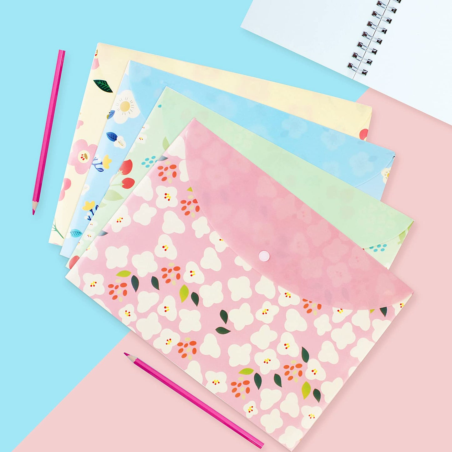 10 pcs Style Floral Printed A4 Paper Document File Folder Poly Envelopes Document Organizer Booklet File Paper Folders with Snap Button 4 Color (4 Color, A4)