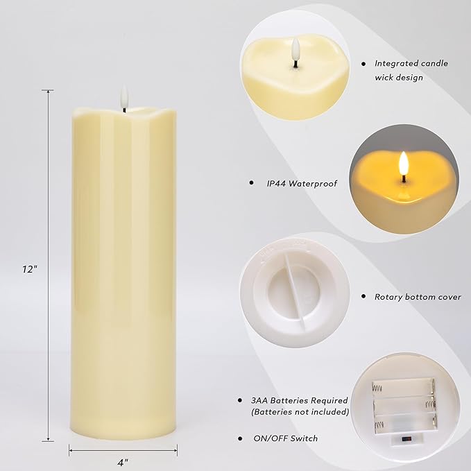 2pack 4"*12" Large Waterproof LED Battary Operated Candles with Remote, Flickering Pillar Electric Flameless Candles for Christmas, Outdoor Larterns,Ivory