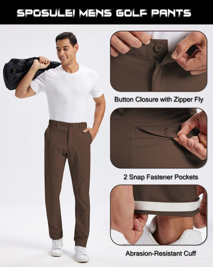 SPOSULEI Men's Golf Pants Lightweight Quick Dry Dress Business Pants with 4 Pockets Stretch Chino Slacks Pants Brown 32Wx32L