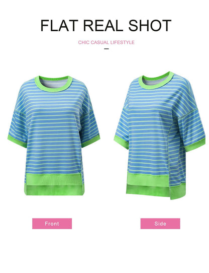 SHEWIN Womens Tops Trendy Crewneck Sweatshirt Loose Ladies Top and Blouses Dressy Casual Spring Top Short Sleeve Shirts for Women 2026 Sky Blue Stripe XXL