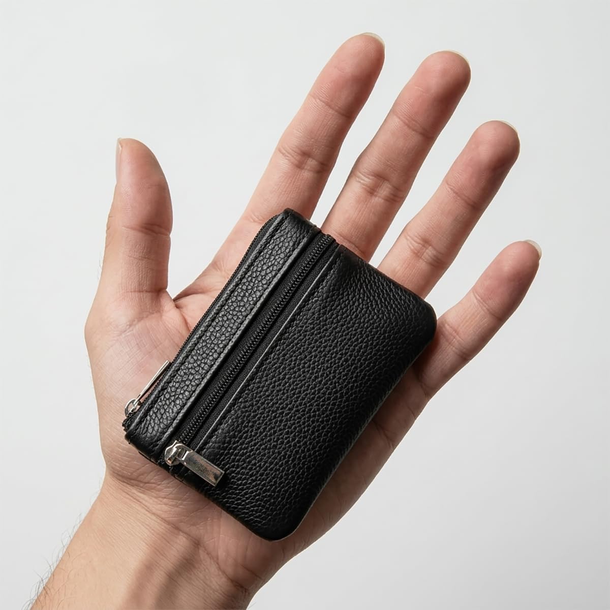 Hibate Black Small Mini Size Leather Coin Purse Change Pouch for Women Men Kids with Zip Key Ring