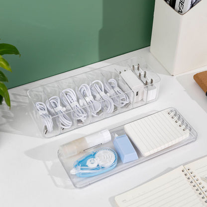 Yesesion 2pcs Clear Plastic Cable Organizer Boxes with Adjustment Compartments, Desk Accessories Storage Case with Lid and 20 Wire Ties for Drawer, Office Supply, Electronic Management