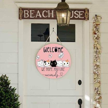 Rustic Round Sign Front Door Wreaths We Hope You Like Animals 12in Wooden Hanging Sign for Bedroom Living Room Outdoor Home Decor