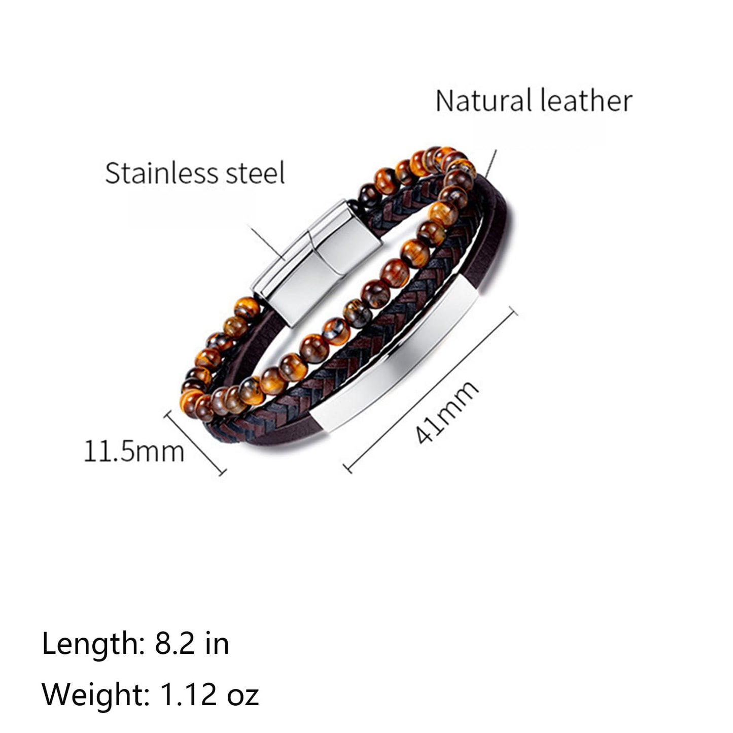 Kim Carrey Italian Handmade Genuine Leather Multi-Layer Cuff Bracelet for Men with Stainless Steel Clip, 8.2" Tiger Eye