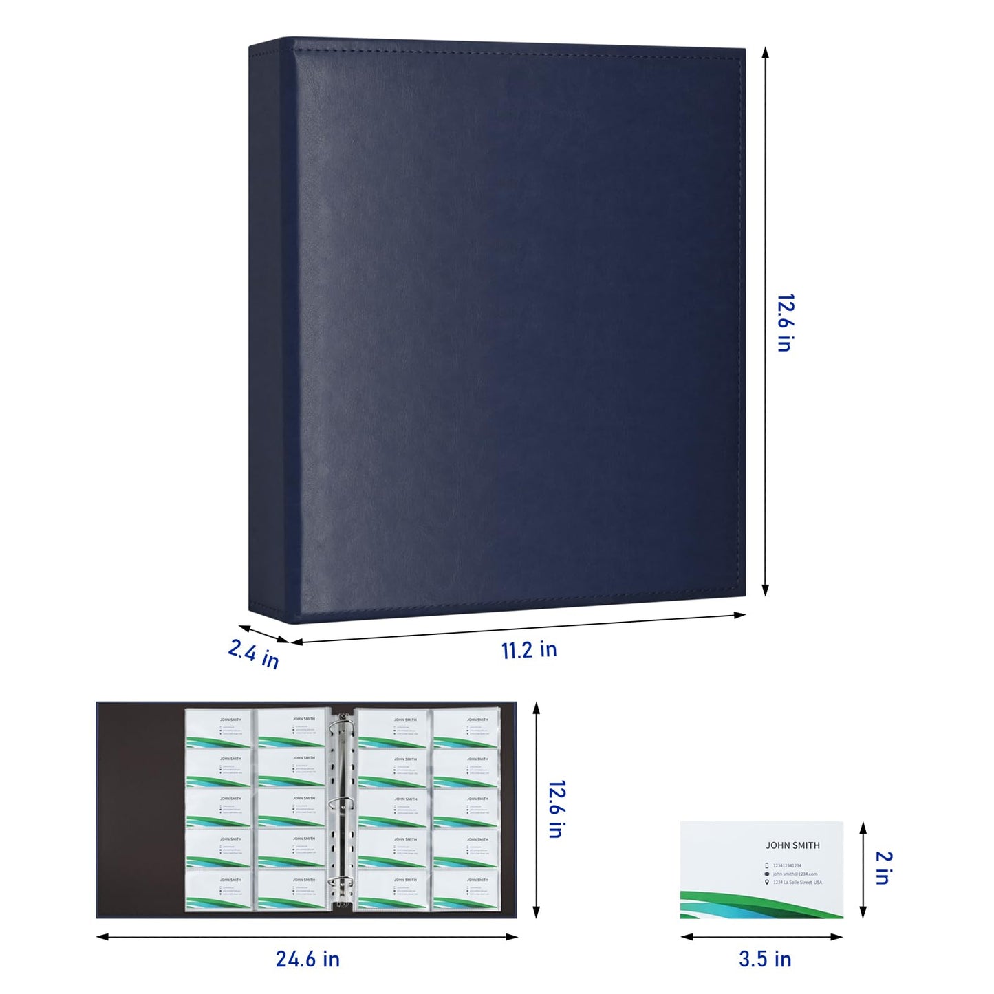 BYSTER A4 Business Card Book, PU Leather Organizer with 30 Pack Sleeves (600 Pockets), Business Card Binder for Credit Cards, Membership Cards, and More - Blue