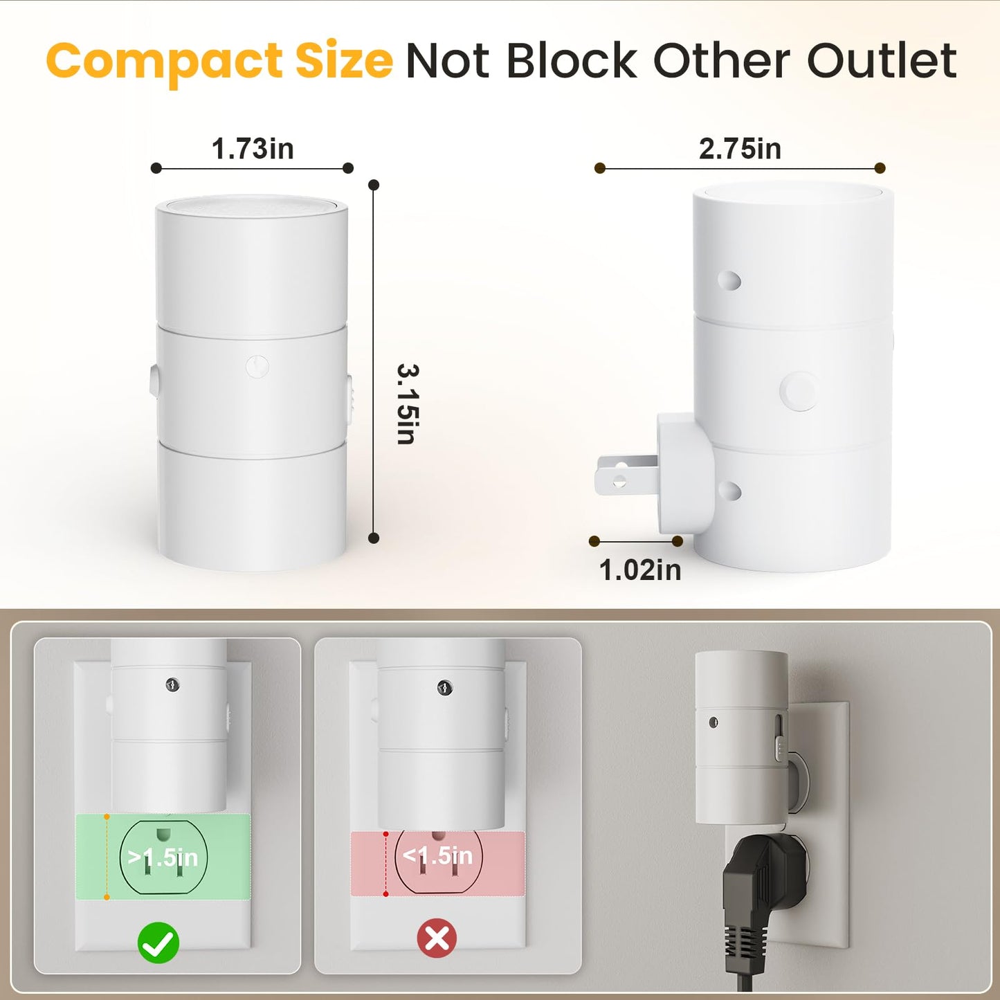 VOLISUN Night Light, Dimmable Led Night Lights Plug into Wall, Amber/3000K/4500K, 0-100LM Adjustable Brightness, Dusk to Dawn Nightlight for Hallway, Bathroom, Bedroom White 2 Pack