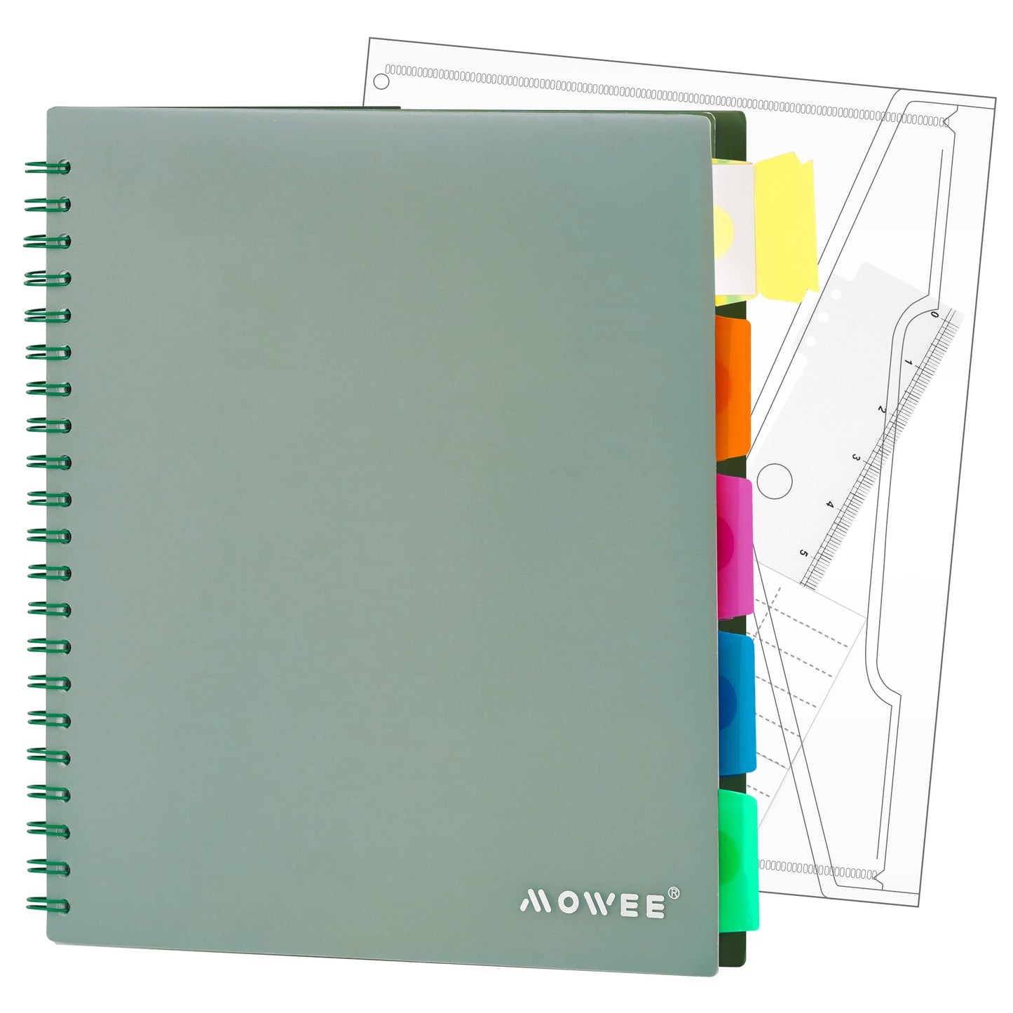 MOWEE 5 Subject Notebook - Spiral Notebook, College Ruled Notebook With Dividers Pocket, Tabs, 11" Ruler, 200 Pages, for Writing Journal, Home & Office, School Supplies, 8.5''x11'' Forest Green