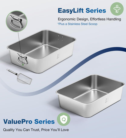 Qiuma Stainless Steel Litter Box with Handle, Large Metal Cat Litter Box with High Sided for Big and Small Cats, Kitty Litter Boxes, Non-Stick, Easy to Clean, Odor-Free, Small Cat Toilet