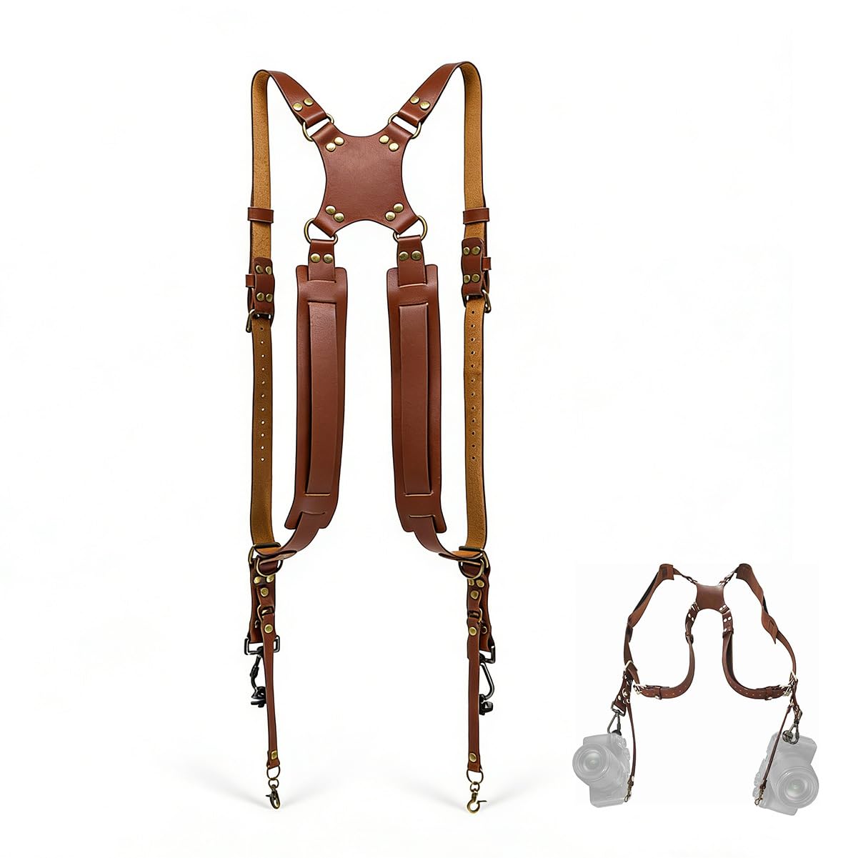 TROUVAILLE Camera Shoulder Strap, Dual Shoulder Leather Harness, Adjustable Leather Rivet Double Harness Shoulder Strap Accessory for DSLR/SLR, Brown