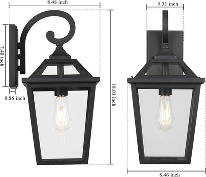 Outdoor Lanterns, Black Exterior Light Fixtures Mounted with Clear Glass, 18 Inch Tall Outdoor Wall Sconces Lamp for House, Doorway, Garage, Patio, 2 Pack