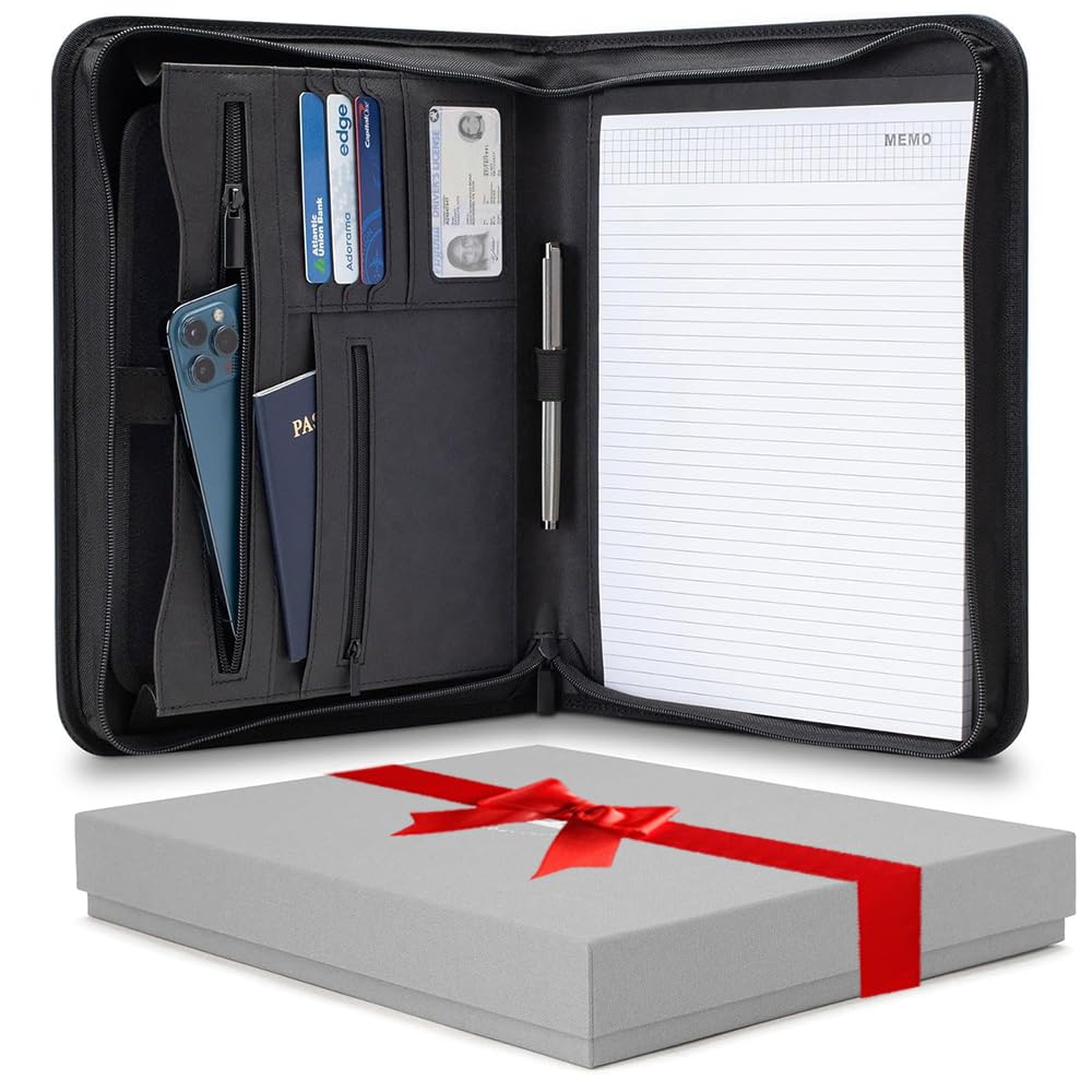 Forevermore Portfolios Padfolio Binder - Professional Faux Leather Travel Organizer Pouch for Tablet, Documents, Presentation Folders, Zipper Closure, Notepad - Black