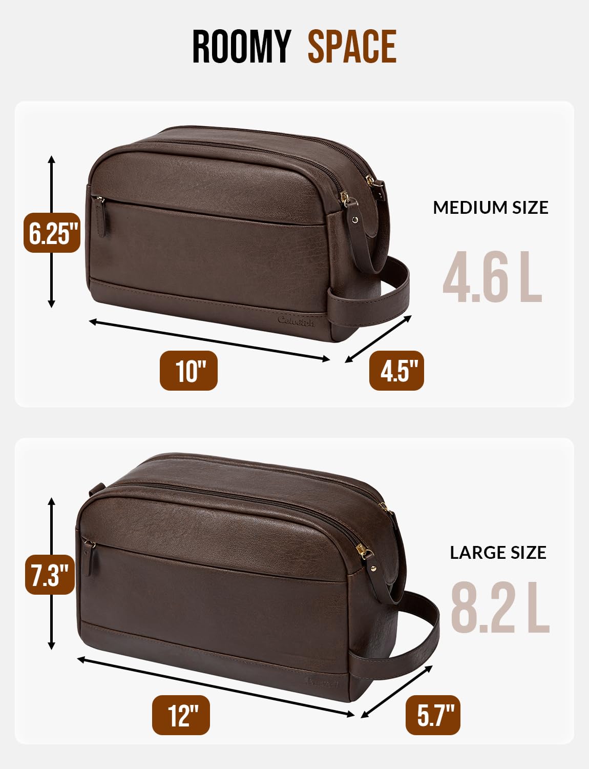 Celvetch PU Leather Toiletry Bag for Men - Water Resistant Travel Bag for Toiletries, Bathroom Essentials, Accessories - Dark Brown