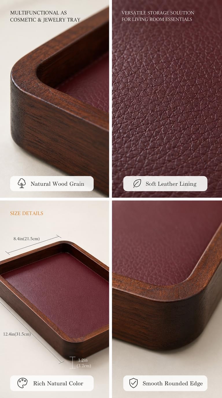 Valet Tray-Light Brown Wood Decorative Key Tray, Bedside Dump Holder.Catch All Tray Tray Decorative for Trinkets,Watches,Keys,Sunglasses.