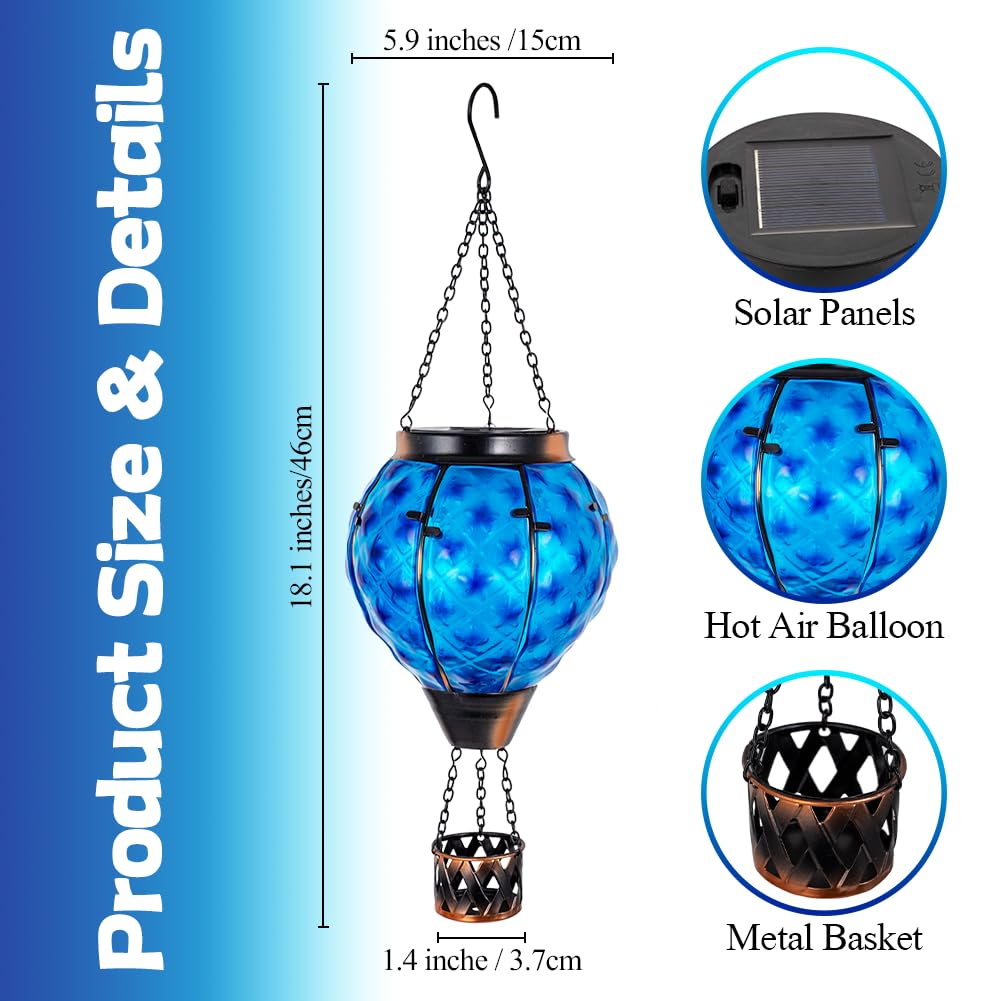 Solar Hot Air Balloon Lantern with Flame,Glass Solar Hanging Lights Outdoor Waterproof,Hot Air Balloon Solar Blue Star Lamp Decorative for Lawn Porch Tree Yard