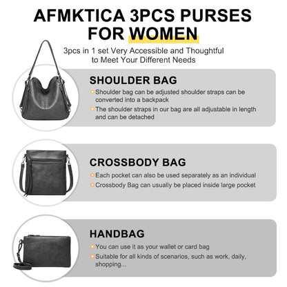PU Leather Purses 3PCS, Hobo Crossbody Bags Set for Women, 3 in 1 Convertible Backpack for Ladies Shoulder Bags satchel Bags (Black)
