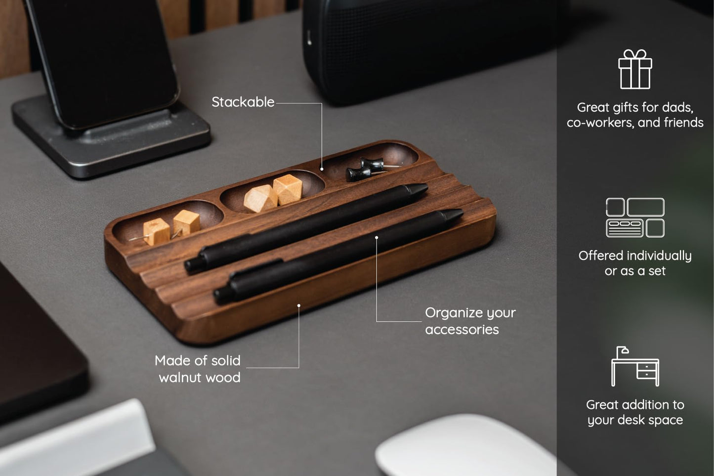 LITAITAI Horizontal Pen Holder,Acacia Wood Pen Tray,Desktop Pen Display,Walnut Desk Tray,Paperclip Headphones Eraser Office Stationery Storage,Brown