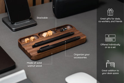 LITAITAI Horizontal Pen Holder,Acacia Wood Pen Tray,Desktop Pen Display,Walnut Desk Tray,Paperclip Headphones Eraser Office Stationery Storage,Brown