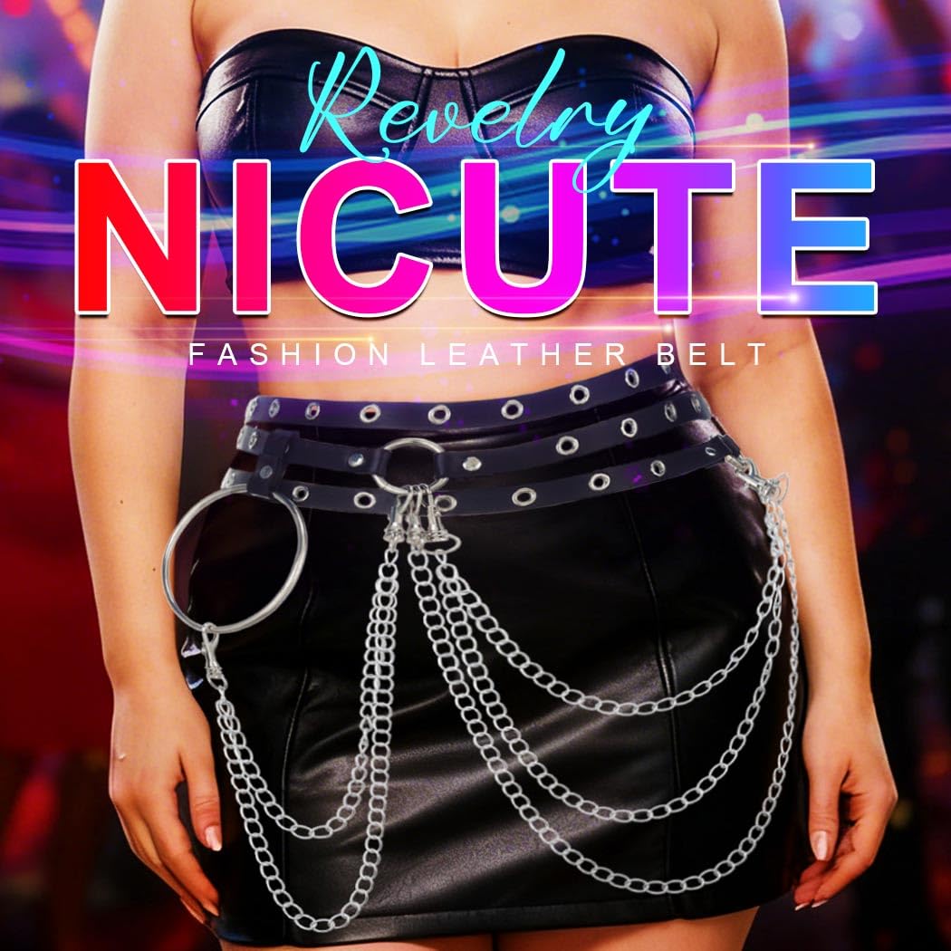 Nicute Chain Belt Black Punk Leather Waist Chain Belt Rave Accessories for Women