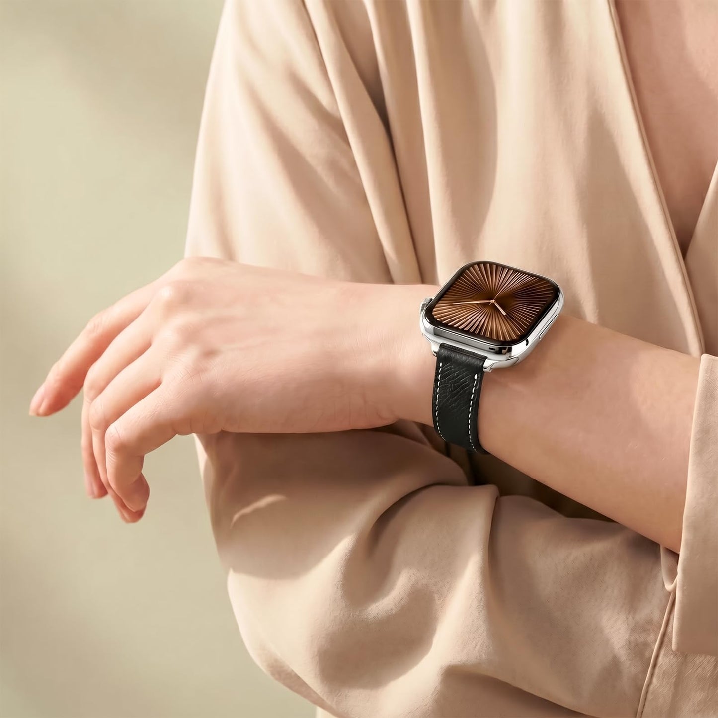 Slim Leather Band for Women Compatible with Apple Watch 40mm 44mm 41mm 45mm 42mm 46mm 49mm 38mm,Thin Genuine Leather Replacement Strap for iWatch Series SE/11/10/9/8/7/6/5/4/3/2/1/Ultra