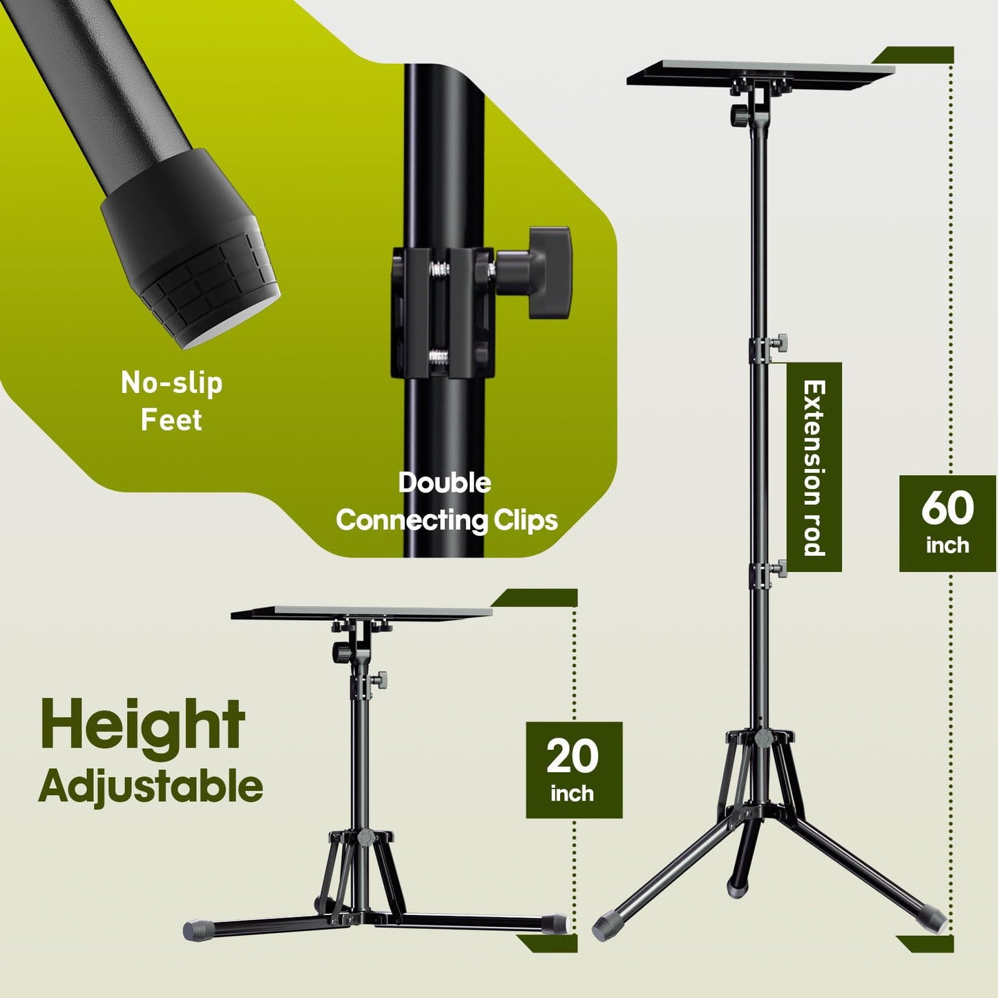 ORWOD Projector Stand Laptop Tripod - Portable Tripod Adjustable Height 20 to 60 Inch, Projector Stand with Gooseneck Phone Holder ＆ Mouse Tray, Laptop Floor Stand for Podium, Studio, DJ Racks
