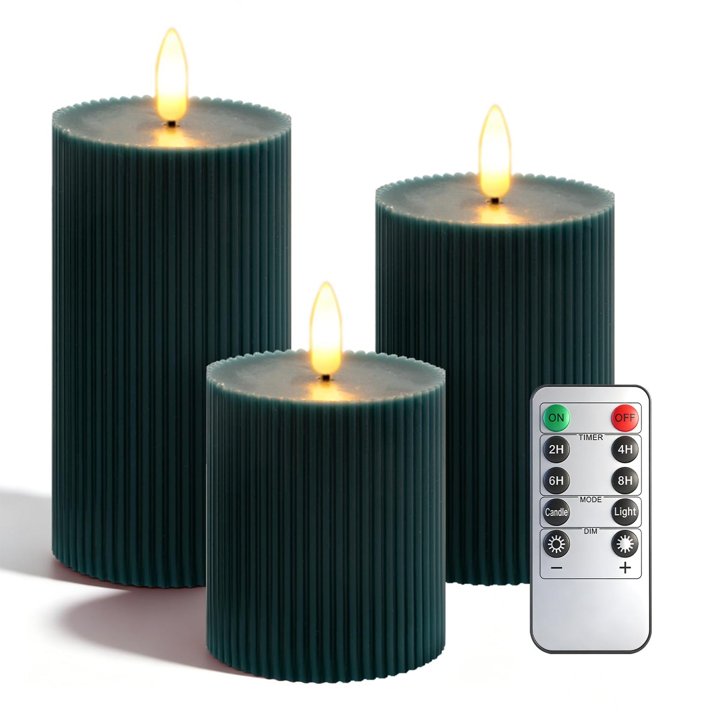 KiimLaa Christmas Green Ribbed Flameless Pillar Candles with Remote, Real Wax Flickering LED Candles Battery Operated with Timer, Set of 3 LED Candles for Wedding, Party, Dinner, Home Decor