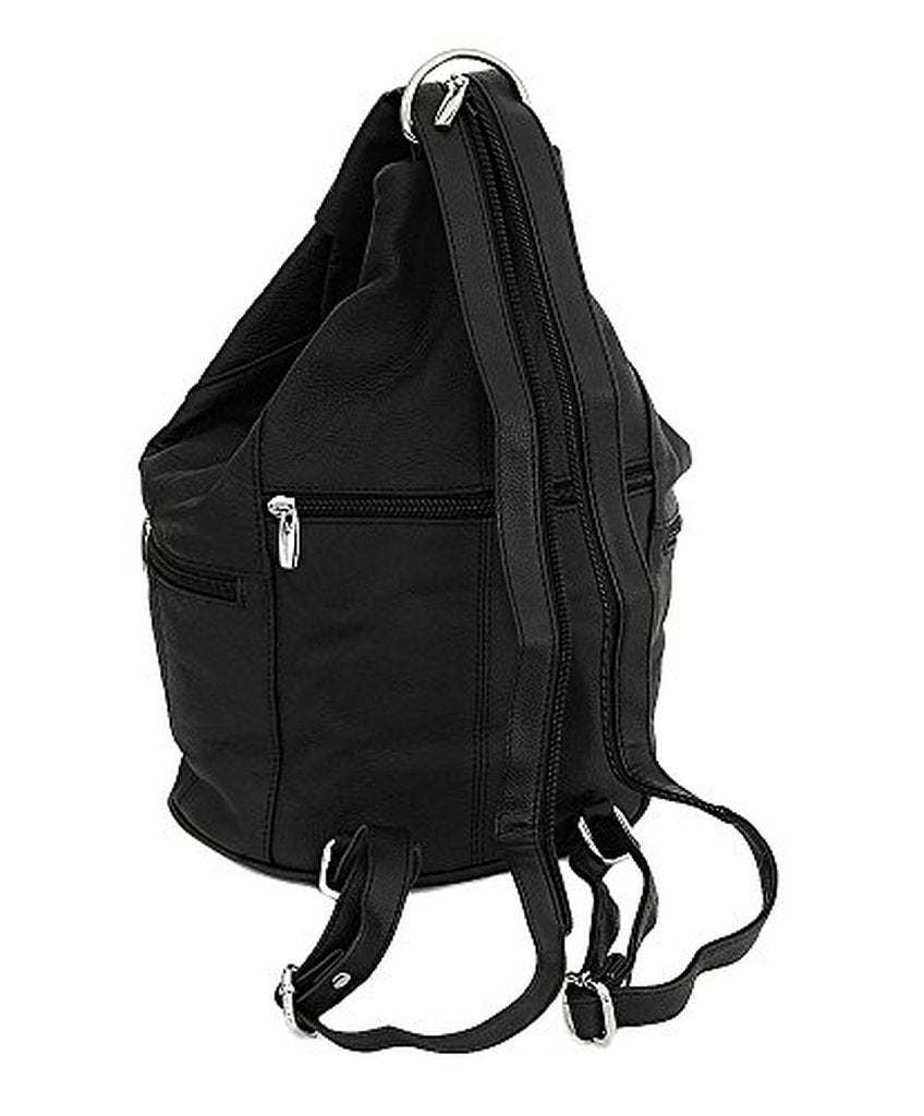 Womens Leather Convertible 7 Pocket Medium Size Tear Drop Sling Backpack Purse Shoulder Bag, Black