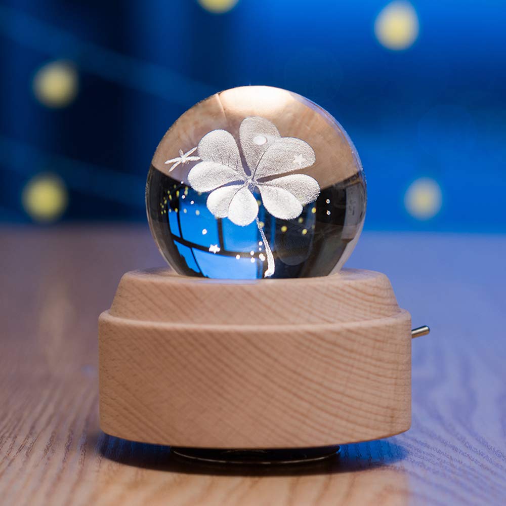 FSIGOM Projection LED Light-3D Crystal Ball Music Box Luminous Rotating Musical Box-Wood Base Best Gift for 【Mother's Day Gift】 Birthday Christmas (Four-Leaf Clover)