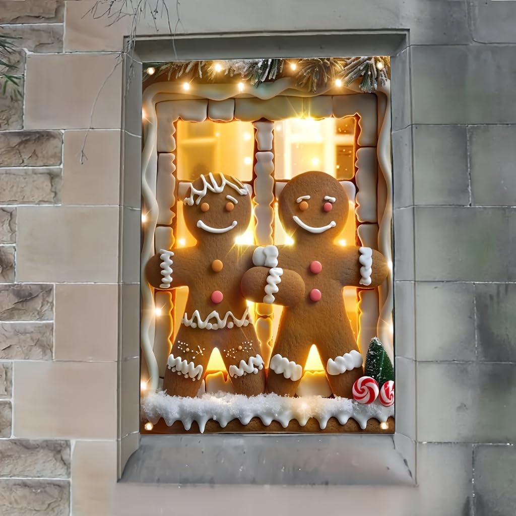 Tomhong Gingerbread Couple Christmas Window Banner 31x47 Inch Holiday Decoration Snowy Scene with Garland for Indoor Outdoor Home Wall or Window Display Cozy Christmas Decor